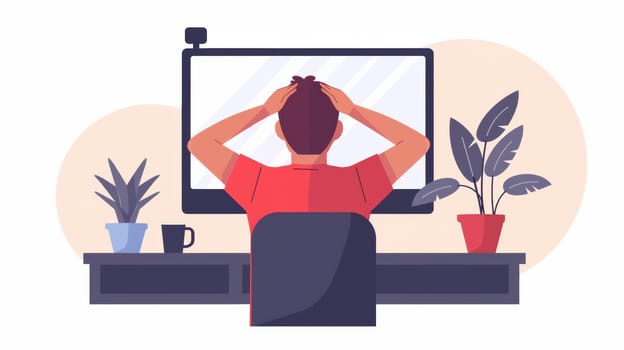 A person sitting at a desk with their head in hands