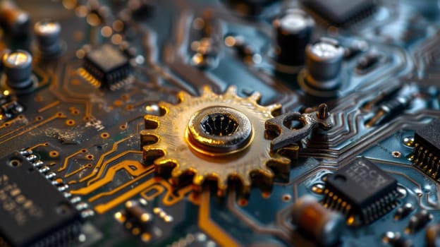 A close up of a gear on top of an electronic circuit board