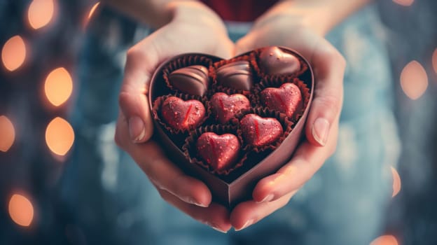 A person holding a heart shaped box of chocolates with some in it