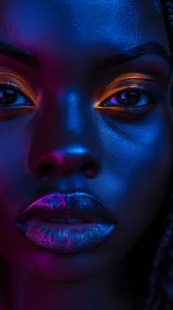 A close up of a woman with purple skin and blue eyes