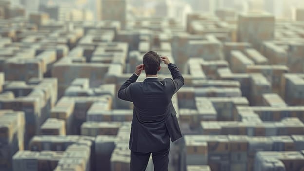 A man in a suit looking at the cityscape from above