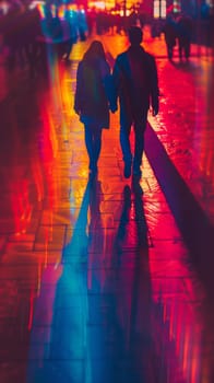 A couple walking down a street at night with colorful lights