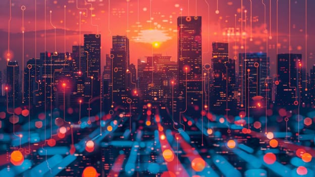 A city skyline with lights and dots in the sky