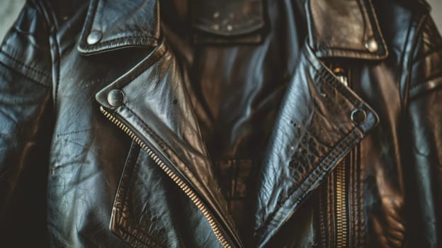 A close up of a black leather jacket with zippers on the front