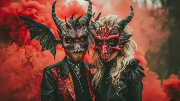 A couple of people dressed in devil masks standing next to each other