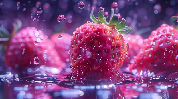 A group of strawberries are covered in water and surrounded by drops