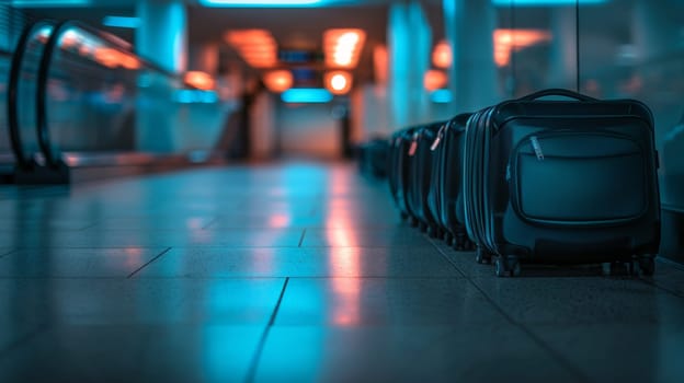 A row of luggage sitting in a hallway at an airport