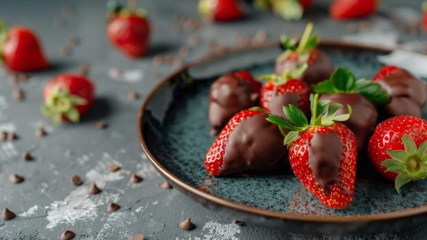 A plate of a bunch of strawberries with chocolate on them