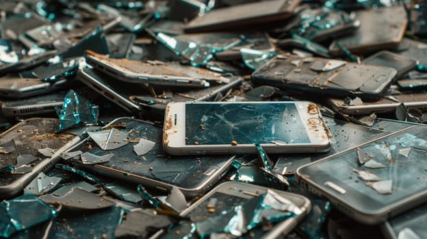A pile of broken cell phones sitting on top of each other