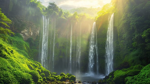 A waterfall is surrounded by lush green vegetation and trees