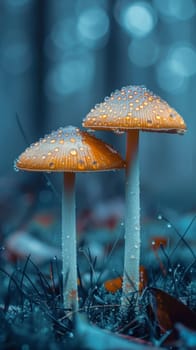 Two mushrooms with rain drops on them in the grass