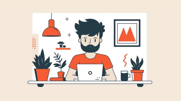 A man sitting at a desk with laptop and plants