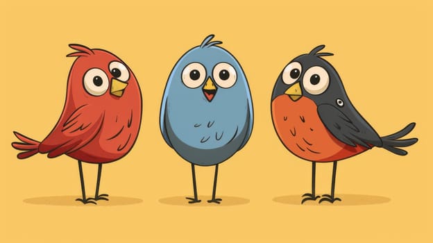 Three birds standing next to each other with big eyes