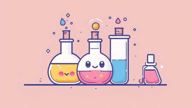 Three bottles with different liquids and a face on them