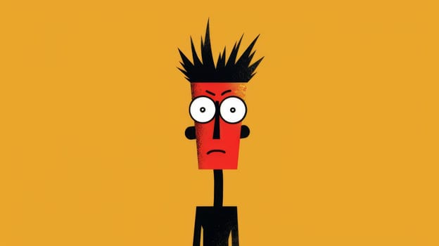 A cartoon character with a red face and black hair