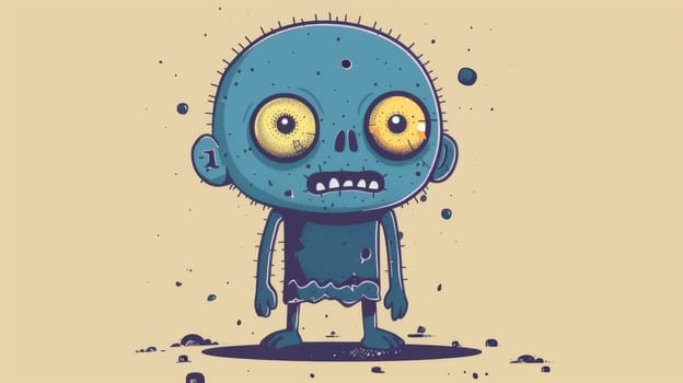 A cartoon drawing of a blue alien with yellow eyes