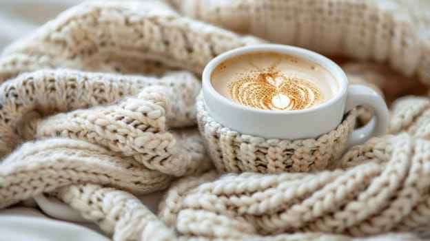 A cup of coffee is sitting on a blanket with some cinnamon
