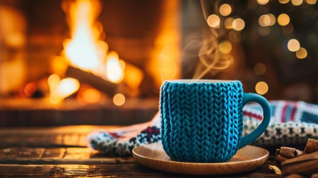 A cup of coffee on a saucer in front of the fireplace