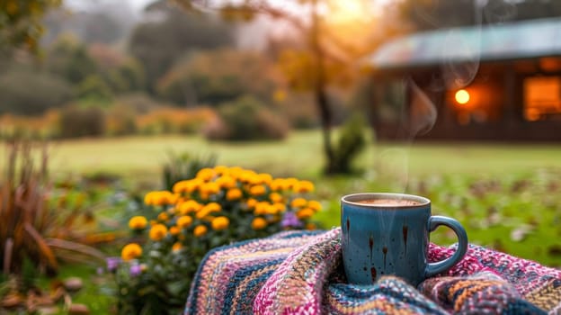 A cup of coffee on a blanket in front of the house