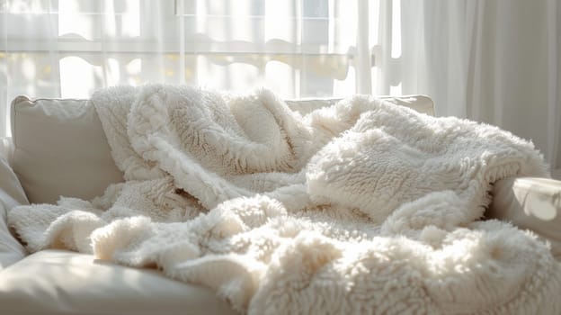 A white fluffy blanket sitting on a chair in front of the window