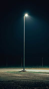 A lone street light in the middle of a field at night