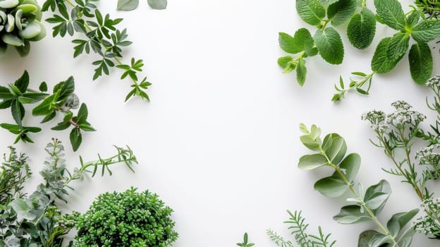 A white background with various plants and herbs on it