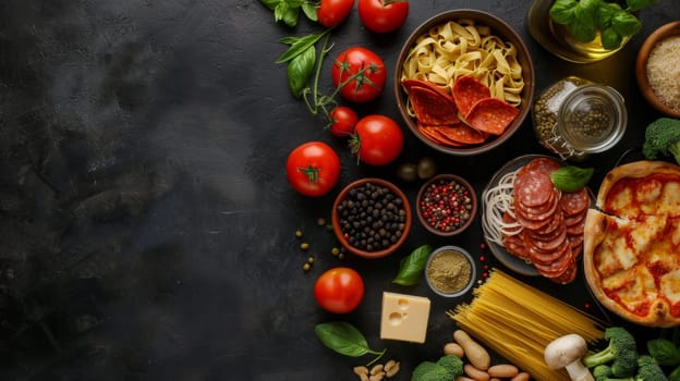 A table with a variety of foods including pizza, pasta and vegetables