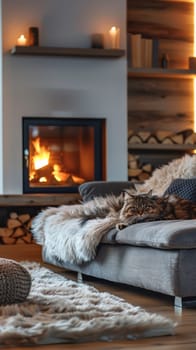 A cat laying on a couch in front of the fireplace