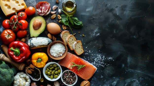 A variety of foods are arranged in a circle on the table