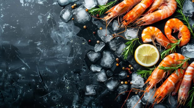A close up of a plate with shrimp and lemon on ice