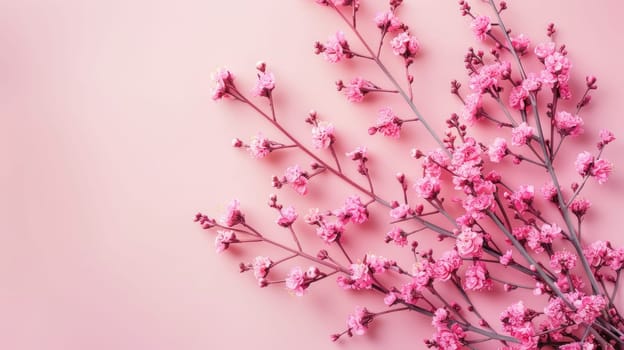 A close up of a pink flower branch with small leaves