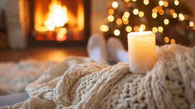 A person laying on a blanket with lit candle in front of fireplace