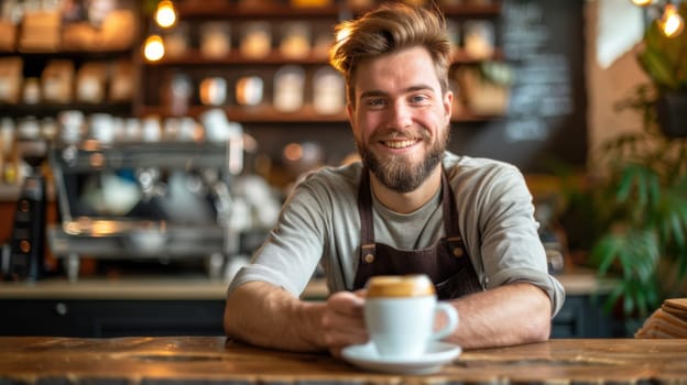 A man with a beard sitting at the counter of a coffee shop