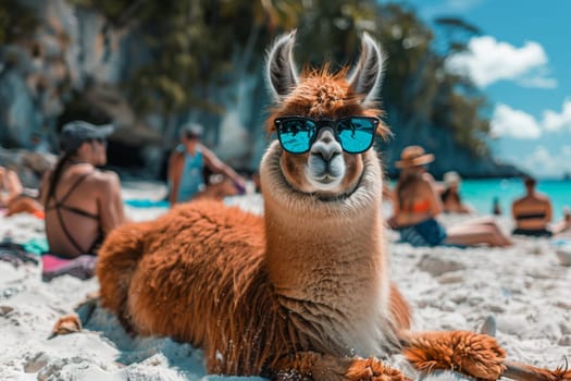 A llama laying on the beach with sunglasses and a hat