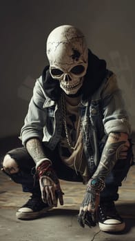 A man in a skeleton costume kneeling down with his hands on the ground