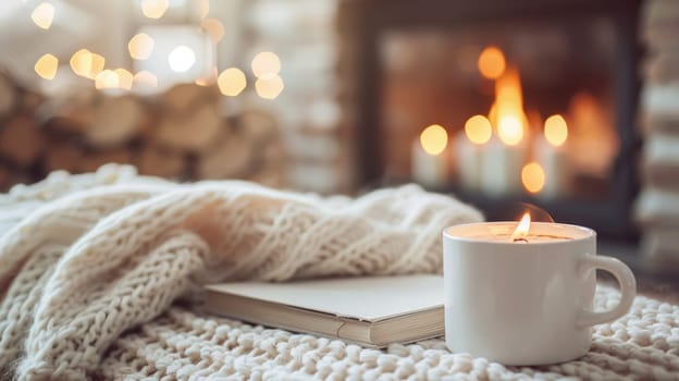 A cup of coffee and a book on the bed next to a fireplace