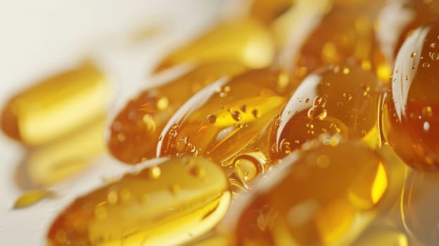 A close up of a bunch of yellow pills with water droplets