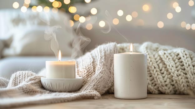 Two candles are lit on a table with some yarn