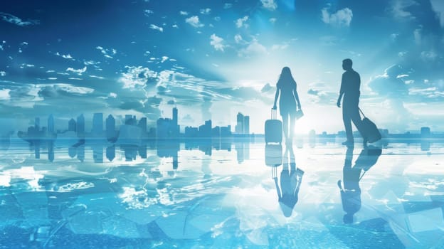 A couple of people with luggage standing in front of a cityscape