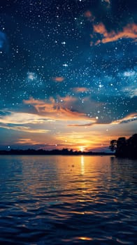 A beautiful sunset over a lake with stars in the sky
