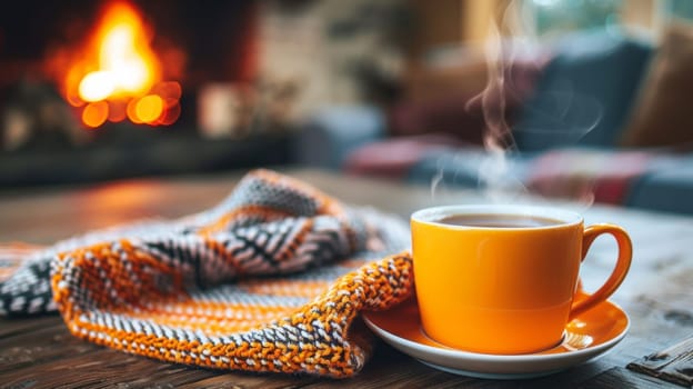 A cup of coffee on a saucer next to a blanket