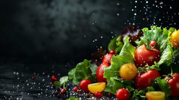 A close up of a salad with tomatoes and other vegetables