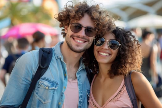 A man and woman smiling for the camera at a crowded event