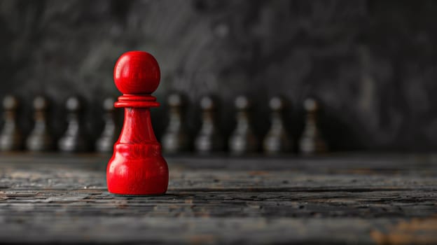 A red chess piece on a table in front of black pawns
