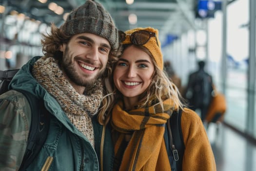A man and woman smiling at each other in an airport