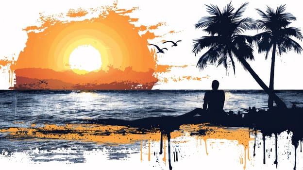 A man sitting on a beach with palm trees in the background