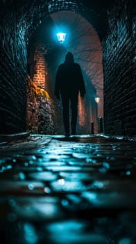 A person walking down a dark tunnel at night