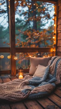 A blanket on a porch with lights and candles