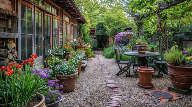 A garden with a patio and table outside of it