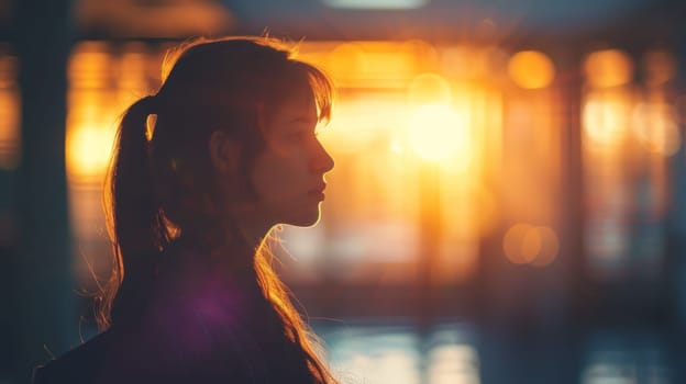 A woman with long hair looking out a window at the sun